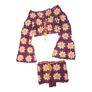 Handmade Crochet Daisy Granny Square Crop Top and Shorts Set